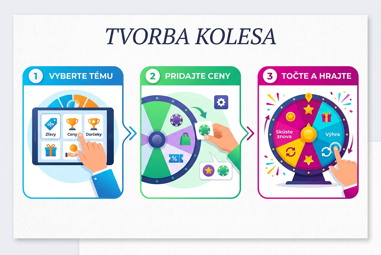 Infografika s tromi krokmi na vytvorenie vlastného digitálneho kolesa šťastia.